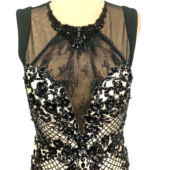 Jolene Mermaid Chiffon Beaded Rhinestone Prom Gown Black Ivory Pageant Size M - Picture 4 of 12